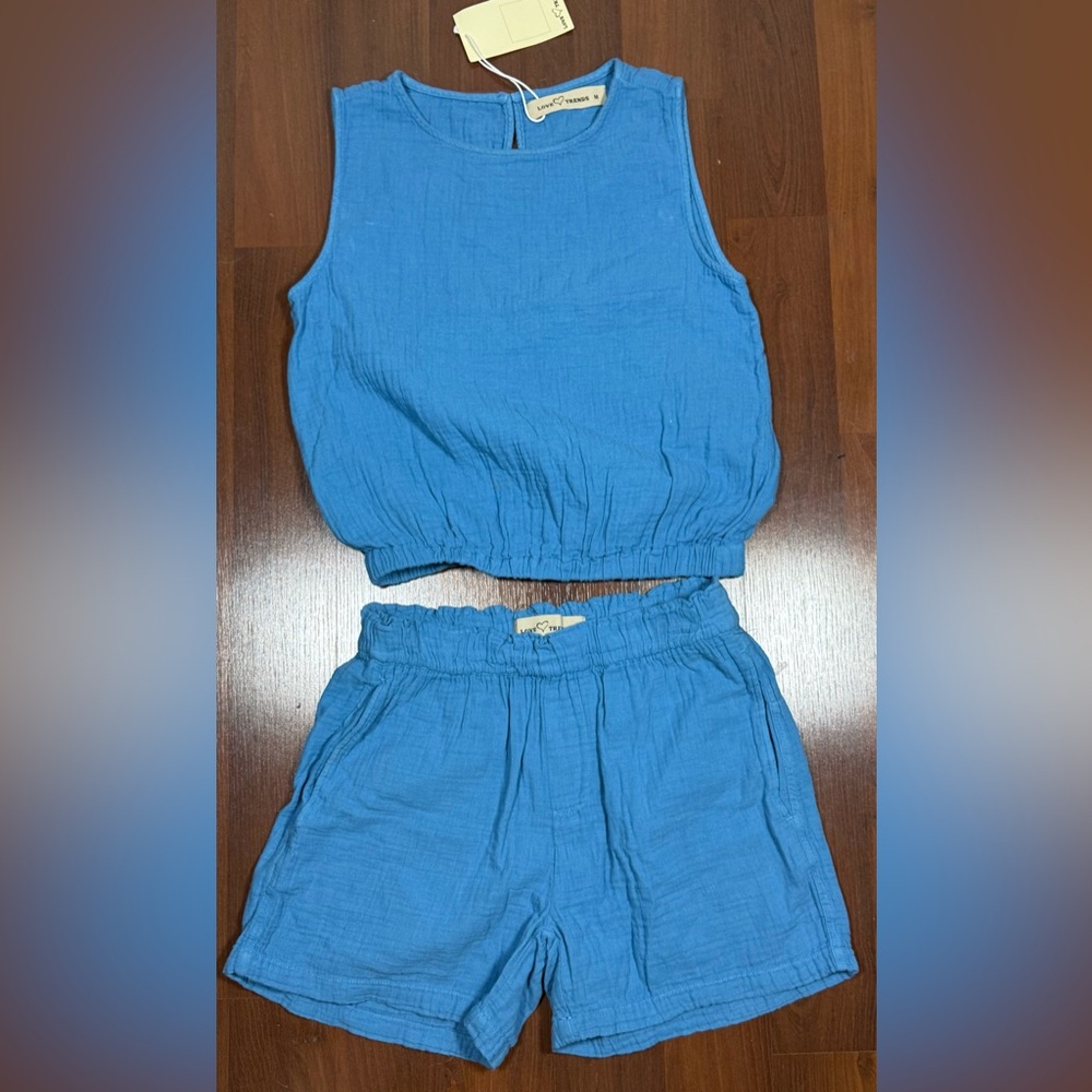 Love Trends 2 Piece Set. Blue Sleeveless Top and Shorts Set 100% Cotton and cute